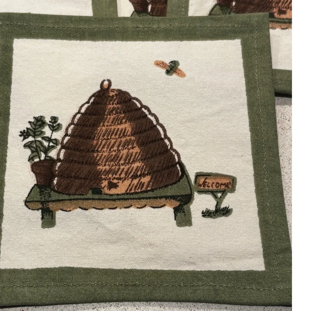 Vintage Pfalzgraff Beehive Cloth Coasters Set of 8 Sage Green Cream Bee 6x6